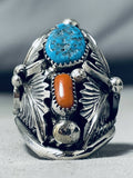 Astounding Native American Navajo Turquoise Coral Sterling Silver Ring-Nativo Arts