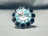 Very Detailed Authentic Vintage Native American Zuni Turquoise Sterling Silver Inlay Ring-Nativo Arts