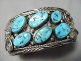 Opulent Vintage Native American Navajo Sterling Silver Leaves Turquoise Bracelet Old Cuff-Nativo Arts