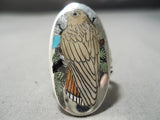 Native American Important Harlan Coonsis Bird Turquoise Coral Sterling Silver Ring-Nativo Arts