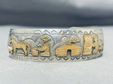 Expressive Vintage Native American Navajo Sterling Silver And 12kgf Storyteller Bracelet Signed-Nativo Arts