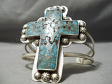 Huge Towering Vintage Native American Navajo Turquoise Cross Christian Sterling Silver Bracelet-Nativo Arts