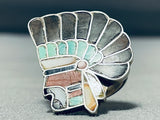 Opulent Detail Vintage Native American Zuni Chief Turquoise Sterling Silver Ring Old-Nativo Arts