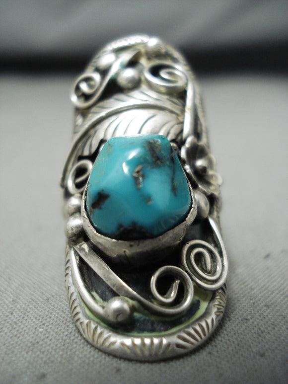 Spectacular Vintage Native American Navajo Kingman Turquoise Sterling Silver Large Ring-Nativo Arts
