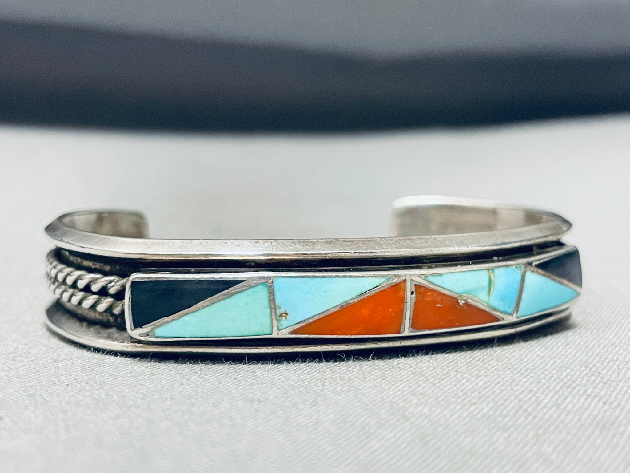 VINTAGE STERLING SILVER 925 offers TURQUOISE INLAY CUFF BRACELET ZUMI