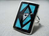 Important Vintage Native American Zuni Inlay Turquoise Jet Bluejay Sterling Silver Ring-Nativo Arts