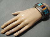 One Of Best Vintage Native American Navajo Turquoise Sterling Silver Row Inlay Bracelet Heavy-Nativo Arts