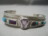 Thick And Sturdy! Vintage Native American Navajo Turquoise Amethyst Sterling Silver Bracelet-Nativo Arts