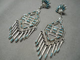 Very Unique!! Zuni Native American Sterling Silver Long Turquoise Earrings-Nativo Arts