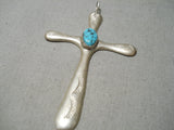 Superior Vintage Native American Navajo Hand Tooled Sterling Silver Turquoise Cross Pendant-Nativo Arts