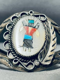 Signed Vintage Dancer Kachina Sterling Silver Native American Navajo Inlay Bracelet-Nativo Arts