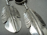 Expert Detail Native American Navajo Sterling Silver Black Stone Feather Earrings-Nativo Arts