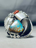 Huge Mens Native American Navajo Turquoisebear Sterling Silver Coral Ring-Nativo Arts