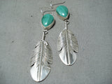 Awesome Navajo Native American Malachite Sterling Silver Feather Earrings-Nativo Arts