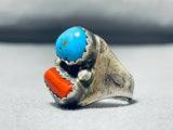 Captivating Vintage Native American Navajo Blue Gem Turquoise Coral Sterling Silver Ring-Nativo Arts
