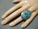 Native American Hand Carved Important Turquoise Coral Sterling Silver Ring-Nativo Arts