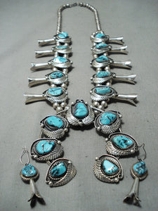 Signed Women's Vintage Native American Navajo Turquoise Sterling Silver Squash Blossom Necklace-Nativo Arts
