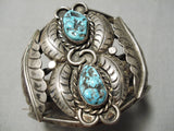 Huge Vintage Native American Navajo Leaf Love Turquoise Sterling Silver Bracelet Old-Nativo Arts