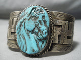 Native American One Of The Most Detailed Vintage Sterling Silver Carved Turquoise Horse Bracelet-Nativo Arts