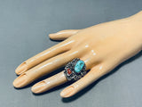 Heavy Mens Vintage Native American Navajo Chunky Turquoise Coral Sterling Silver Ring-Nativo Arts