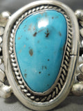 Museum Vintage Native American Navajo Natural Turquoise Wave Flank Sterling Silver Bracelet-Nativo Arts