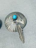Detailed Vintage Native American Navajo Turquoise Sterling Silver Feather Earrings-Nativo Arts