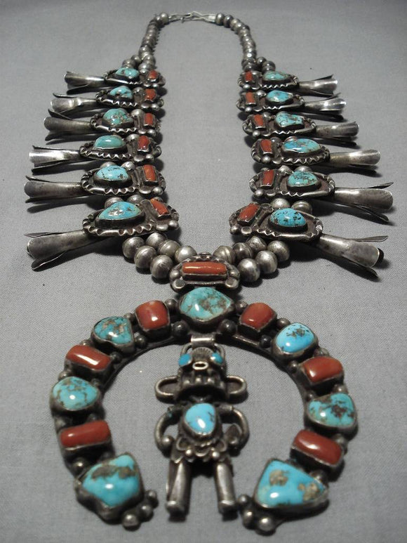 Best Vintage Native American Navajo Turquoise Kachina Sterling Silver Squash Blossom Necklace-Nativo Arts