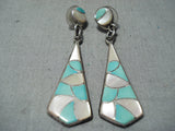 Intricate Women's Vintage Native American Zuni Turquoise Sterling Silver Earrings-Nativo Arts