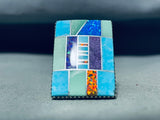 Huge Very Intricate Native American Turquoise Sterling Silver Inlay Ring-Nativo Arts