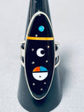 Dramatic Native American Navajo Jet Stone Sterling Silver Inlay Ring Signed-Nativo Arts