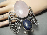 Colossal Vintage Native American Navajo Rose Quartz Lapis Sterling Silver Bug Bracelet-Nativo Arts