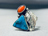Impressive Vintage Native American Navajo Kingman Turquoise & Coral Sterling Silver Ring-Nativo Arts