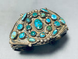 Late 1800's Early 1900's Vintage Native American Navajo Turquoise Coin Sterling Silver Bracelet-Nativo Arts