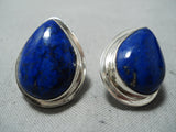 Tommy Jackson Famous Vintage Native American Navajo Midnight Lapis Sterling Silver Earrings-Nativo Arts