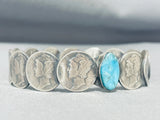 Extraordinary Native American Navajo Signed Blue Diamond Turquoise Mercury Silver Dimes Bangle-Nativo Arts