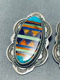 Meticulously Detailed Vintage Native American Navajo Inlay Turquoise Sterling Silver Earrings-Nativo Arts