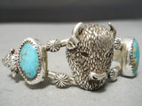 So Intricate!! Vintage Native American Navajo Sterling Silver Buffalo Turquoise Bracelet-Nativo Arts