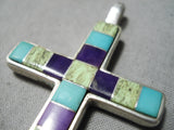 Impressive Vintage Native American Navajo Turquoise Gaspeite Sterling Silver Cross Pendant-Nativo Arts