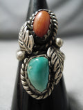 Marvelous Vintage Native American Navajo Royston Turquoise & Coral Sterling Silver Ring Old-Nativo Arts