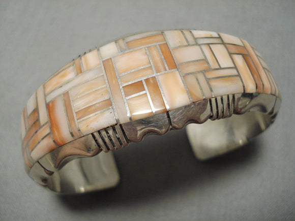 Best Native American Navajo Pink Shell Inlay Sterling Silver Native American Navajo Bracelet Cuff-Nativo Arts