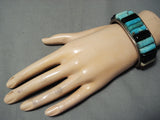 Thick Heavy Vintage Native American Navajo Carico Lake Turquoise Sterling Silver Inlay Bracelet-Nativo Arts