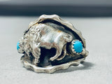 Intricate Native American Navajo Blue Gem Turquoise Sterling Silver Buffalo Ring-Nativo Arts