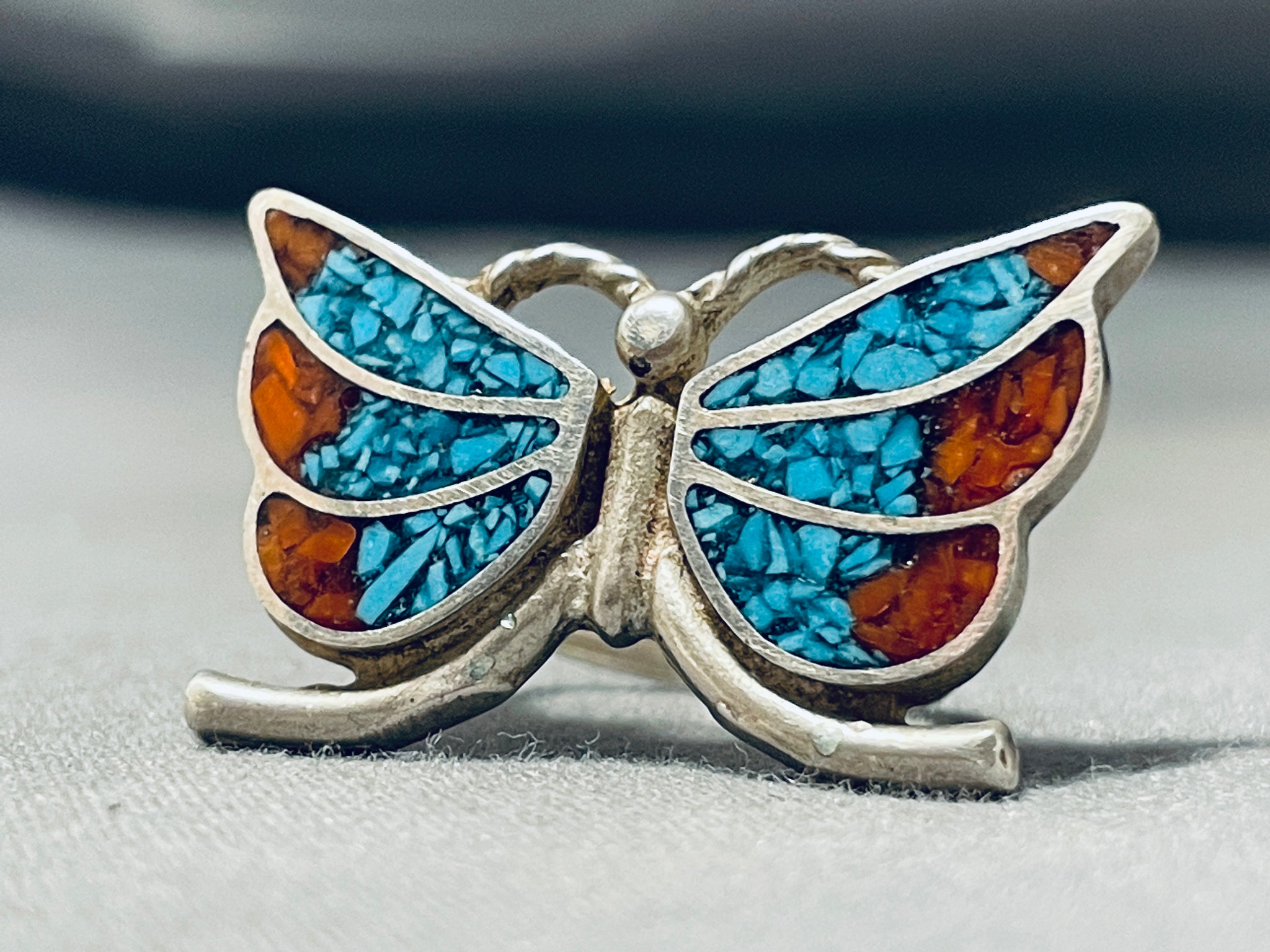 Turquoise & Tufa Vintage Zuni Inlay Butterfly Pin