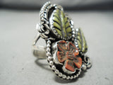 Native American Important Hand Carved Royston Turquoise Coral Sterling Silver Ring-Nativo Arts