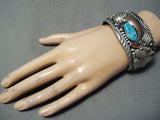 Authentic Bear Native American Navajo Turquoise Coral Sterling Silver Ted Joe Bracelet-Nativo Arts