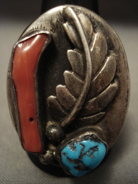 Big Big 41 Grams Super Heavy Men's Vintage Navajo Turquoise Coral Native American Jewelry Silver Ring-Nativo Arts