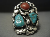 Big Big Big! Vintage Navajo Turquoise Coral Sterling Native American Jewelry Silver Chunk Ring-Nativo Arts