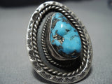 Big Big!! Vintage Native American Jewelry Navajo Deep Blue Turquoise Sterling Silver Ring Old-Nativo Arts