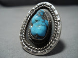 Big Big!! Vintage Native American Jewelry Navajo Deep Blue Turquoise Sterling Silver Ring Old-Nativo Arts