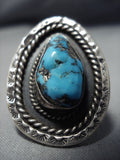 Big Big!! Vintage Native American Jewelry Navajo Deep Blue Turquoise Sterling Silver Ring Old-Nativo Arts